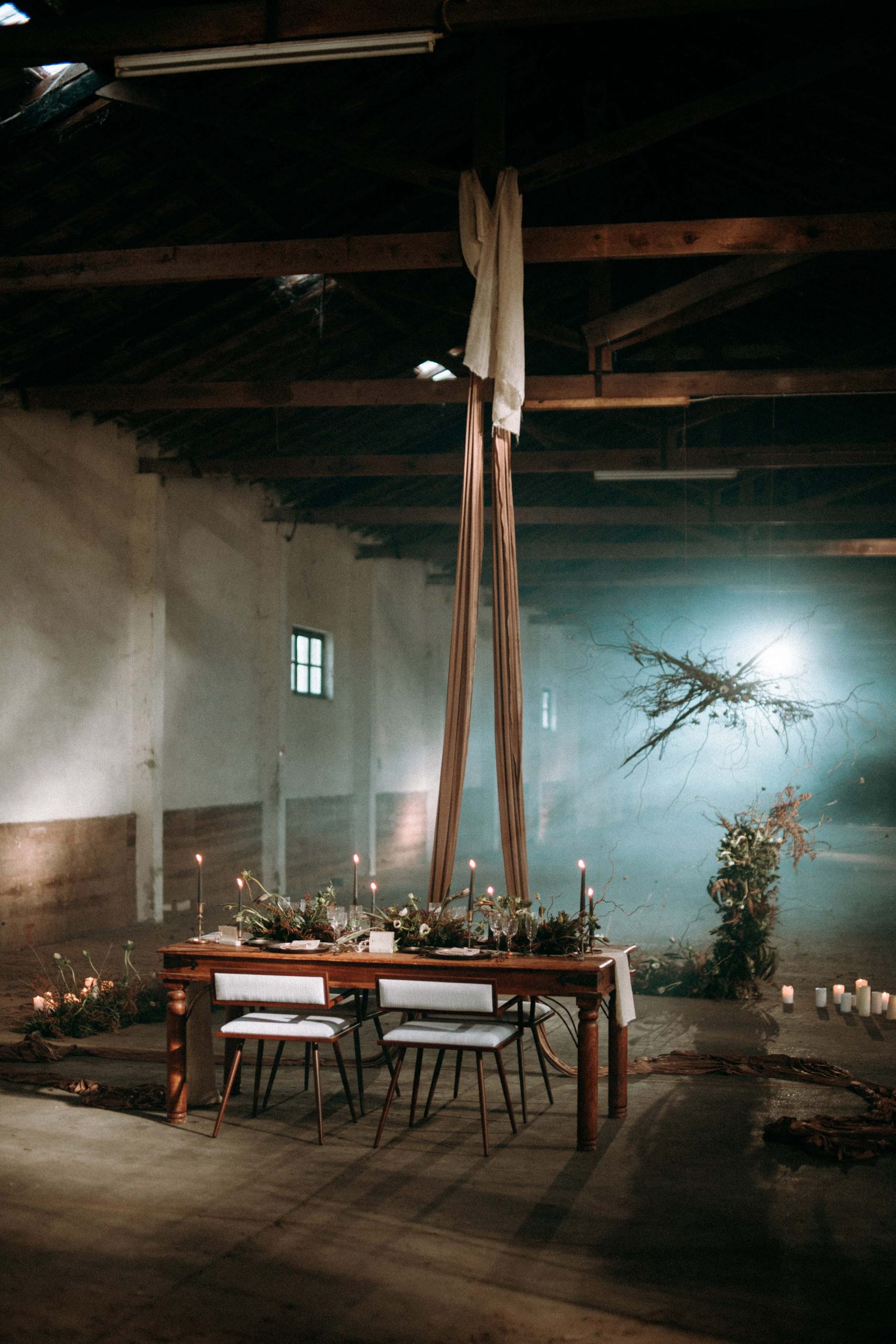 wedding decor in abandoned warehouse